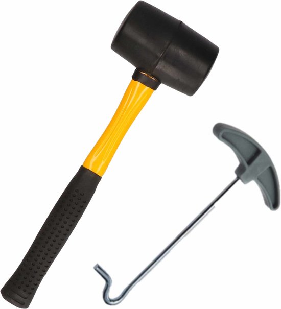 Rubberen hamer fiber steel 450 gram inclusief tent haringen uittrekker - campinghamer / haring hamer - Kamperen en outdoor artikelen van Merkloos