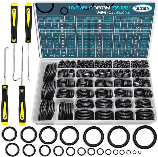 Rubberen O-ringen Set - O-ring Assortiment Kit - Reparaties Uitvoeren - 32 Metrische Maten - 1380 Stuks - Zwart