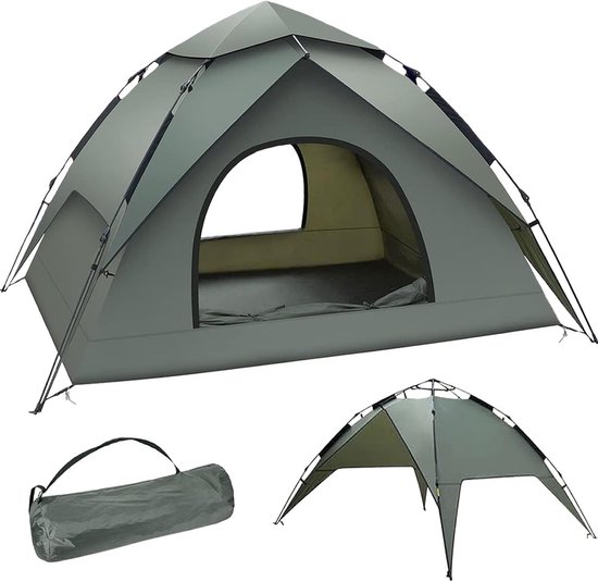 Ruime 3-Persoons Camping Tent, Pop-Up en Waterdicht, Automatische Tent met Afneembare Tarpaulin voor Trektochten en Gezinnen
