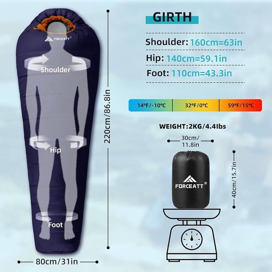 Ruime mummieslaapzak - Warm en waterbestendig - 1 stuk - 220 x 80 cm van Merkloos