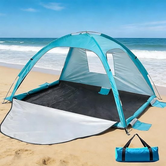 Ruime strandtent met UV-bescherming voor 4 personen, ventilatie en meerdere ingangen van Merkloos