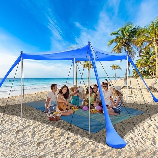 Ruime strandtent met zonbescherming, 3 bij 3 meter, inclusief grondankers en stabilisatiestangen voor strand en camping