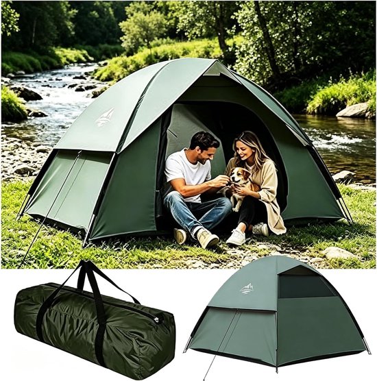 Ruime tent voor 2-3 personen, ideaal voor kamperen, trekking en festivals, waterdicht en goed geventileerd, afmetingen 210 x 190 x 130 cm