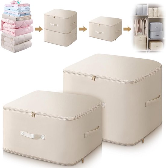 Ruimtebesparende comprimerende organizer voor dekbedden en kledingopslag - Opbergtas (beige, L + XL)