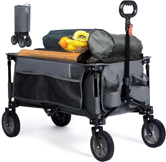 RUX® Strandkar - Bolderkar Opvouwbaar – Bolderwagen Voor Alle Terreinen – Boodschappenwagen Met Handige Opbergruimtes - Tuinkar Met Verstelbare Handgreep – Winkeltrolley 100 kg Opbergruimte - Grijs - 89cm x 48cm x 94cm van Merkloos