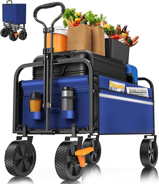 RUX® Strandkar - Bolderkar Opvouwbaar Met Rubberen Wielen – Bolderwagen Voor Alle Terreinen – Boodschappenwagen - Tuinkar Met Verstelbare Handgreep – Winkeltrolley 80 kg Opbergruimte - Blauw - 80cm x 45cm x 80cm van Merkloos