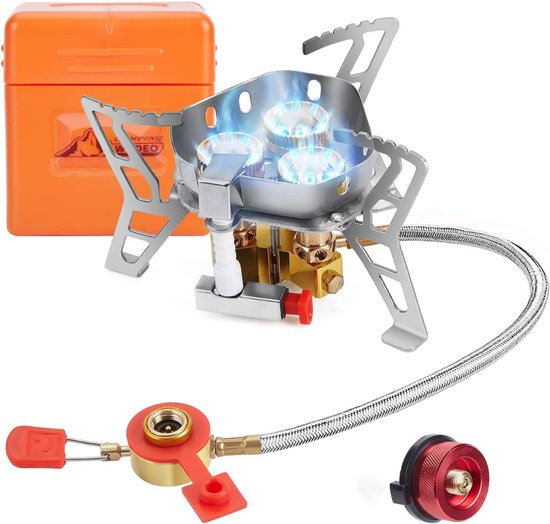 RUX® Wokbrander Kookbrander voor Butaan- Koper en Gietzijer - Gemakkelijk Instelbaar - Maximaal vermogen - met Slang en Regelaar - Geschikt voor Binnen en Buitengebruik - Wok Brander - Butaan - Zilver/Oranje - 9cm x 9cm x 10cm