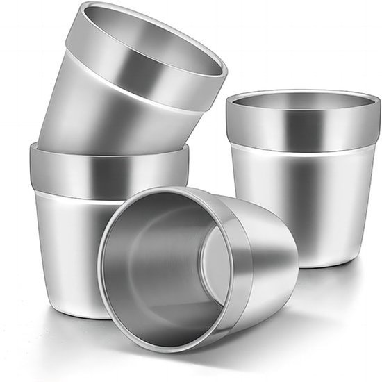 RVS Bekers 4 Stuks - 300ml - Dubbelwandige RVS beker - Espressokopjes - Koffiekopjes Dubbelwandig - Geïsoleerde Stapelbare Dubbele Roestvrijstalen Beker voor Reizen, Buiten, Camping - Zilver