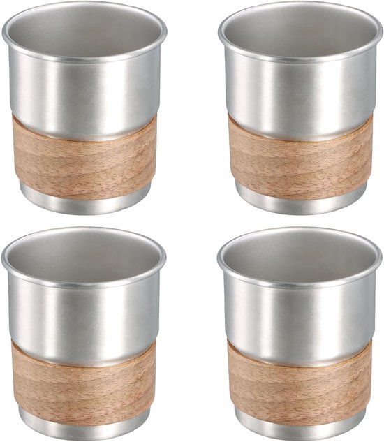 RVS Bekers met Houten Deksel, Set van 4, 300 ml, Herbruikbare Camping- en Reisbekers, Lichtgewicht en Stapelbaar voor Feestjes en Koffie