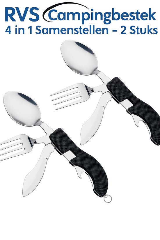 RVS camping bestek - 2 stuks - (mes, vork, lepel en flessenopener) opvouwbaar - 4 in 1 - kamperen bestek - outdoor - reizen bestek