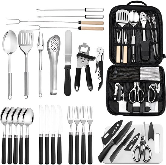 RVS Camping Bestek Set - Outdoor Kookgerei Set Met Opbergtas - Kampeer Keukengerei - Mes Lepel Vork Spatel Tang Set - Picknick BBQ Accessoires - Draagbare Camping Keuken Set - Zwart