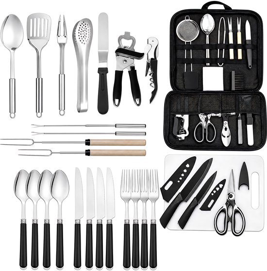 RVS Camping Kookset - Outdoor Bestek Set Met Opbergtas - Kampeer Keukengerei - Mes Vork Lepel Spatel Tang Set - BBQ En Picknick Accessoires - Draagbare Reis Keuken Set - Zwart