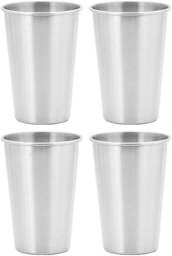 Rvs Cup Metalen Drinken Glas Mok Beer Pint Tumbler Stapelbaar Herbruikbare voor Camping Wandelen Indoor Kids 500ml Zilver 4 STKS