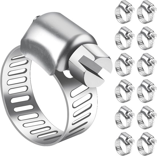 RVS Slangklemmen 13-19 mm, 12 Stuks Verstelbare Schroefklemmen voor Tuinslang, Zwembadslang en Gasleiding