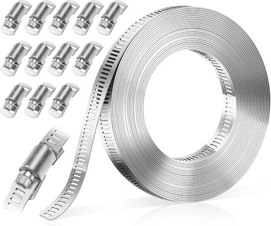 RVS slangklemmen set 5 meter, verstelbaar, assortiment bevestigingsmiddelen van Merkloos
