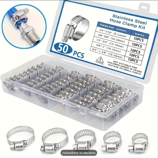 RVS Slangklemmen Set – 50-delig Assortiment – Verstelbare Slangklemmen 6–29 mm – Inclusief Opbergdoos van Merkloos