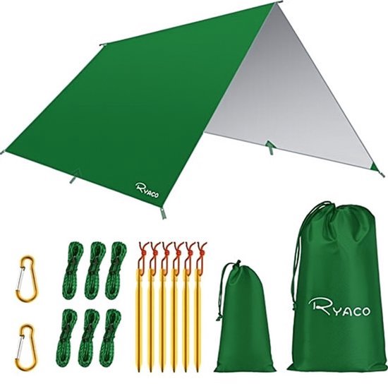 Ryaco Outdoor Tentzeil - Campingzeil - Zonnescherm met Opbergtas - Waterdicht - UV-Bestendig - Tarps voor kamperen - 3-4 Personen - 290 x 290 cm - Donker Groen