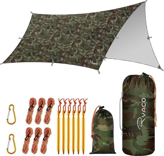 Ryaco Outdoor Tentzeil - Campingzeil - Zonnescherm met Opbergtas - Waterdicht - UV-Bestendig - Tarps voor kamperen - 3-4 Personen - 290 x 350 cm - Camouflage van Merkloos