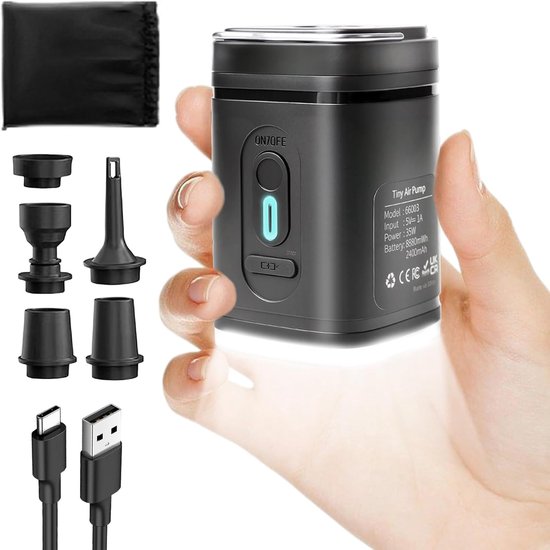Ryoudavell - Draadloze Elektrische Opblaaspomp en Vacuümpomp met Ingebouwde Campinglamp - Inclusief 6 Opzetstukken - Ultralichte draagbare luchtpomp - Voor opblaasbaar zwembad, drijvende luchtmatras, zwemring, vacuüm opbergzak - Zwart