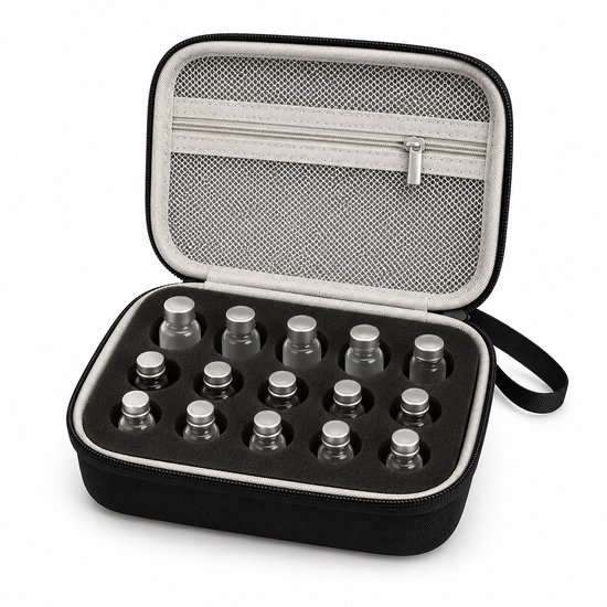 Ryoudavell - Peptide case - Insuline Flesjes Opbergtas - Hardcase Reisetui voor 15 Flacons - Schokbestendige Medische Koeltas Organizer met Schuimrubberen Vakken - Zwart