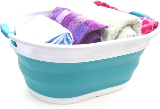 SAMMART Foldable Plastic Laundry Basket - Oval Bath/Basket - Foldable Storage Container/Organizer - Portable Laundry Bin - Space Saving Laundry Basket (Clear Blue)