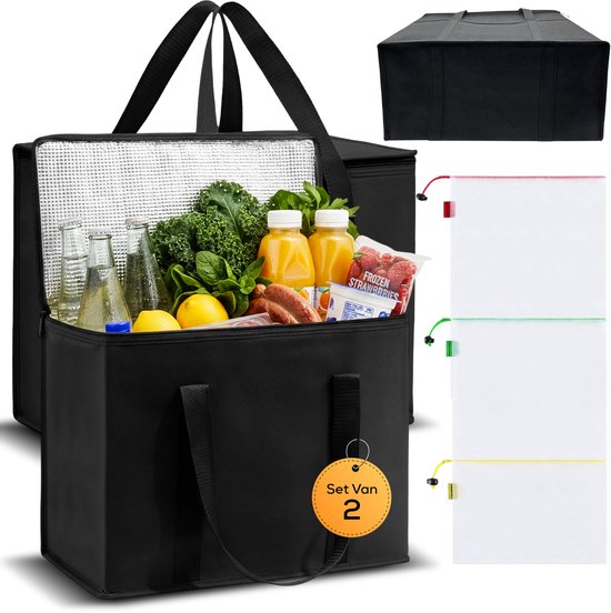 Savia Koeltas Boodschappentas 2 Stuks met Rits Stevig Opvouwbaar - Incl. Organizer Tasjes - Thermische Tas Picknicktas Lunchtas Koelbox Diepvriestas Boodschappenmand van Merkloos