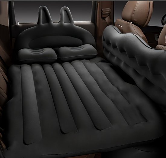 Schattige opblaasbare automatras met konijnenmotief - Eenpersoons opblaasbare matras (130x74 cm) - Inclusief 12V luchtpomp, kussen en krukje; geschikt voor de achterbank van gezinsauto's - Zwart van Merkloos