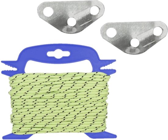 Scheerlijn 20 meter fluor geel op haspel met 10x stuks scheerlijn driehoek spanners - Kampeer spullen van ProPlus