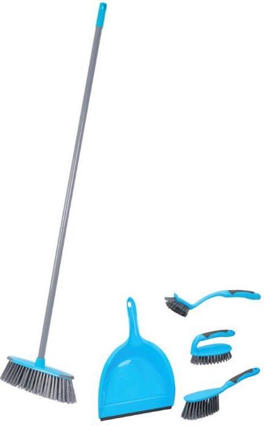 Schoonmaakset 5-delig blauw - bezem - handborstel - borstel - schrobber - handschrobber - stoffer en blik - afwasborstel van Schoon