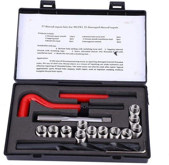Schroefdraad Reparatieset M12x1,25 mm, 17 Stuks, Roestvrijstaal, met Spiraalboor en Inbussleutel, Metrisch Gereedschap voor Auto en Fiets Reparaties