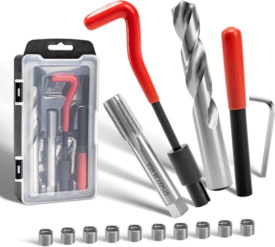 Schroefdraadreparatieset M14x1.25 mm, Bevat Boortjes Tappen Montagegereedschap een Schachtbreker Schroefdraadinzetstukken en is Bedoeld voor Het Repareren van Beschadigde of Versleten Schroefdraad