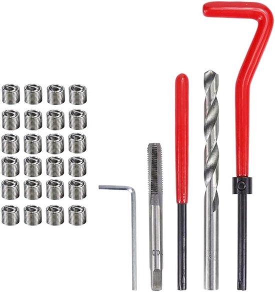 Schroefdraadreparatieset, sneldraaistaal schroefdraadreparatieset met rode kunststof handgreep, helicoilkit voor M6, geschikt voor boormachine, dagelijkse reparatie, autoreparatie en meer