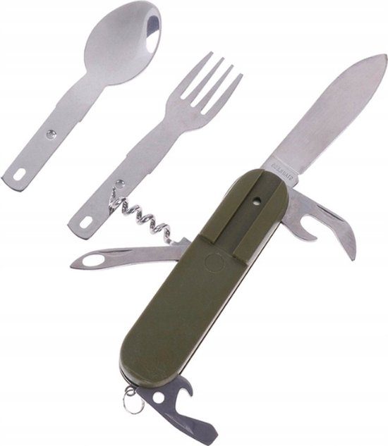 Scoby - Survival Bestekset - Camping Bestek - Multitool - Zakbestek - Outdoor Cutlery - Lepel Vork Kurkentrekker - Groen