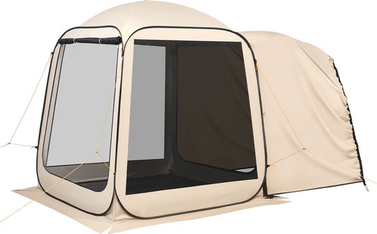 Screen House Tent, 1825 x 1825 x 2200 mm, pop-up SUV-achterklepbescherming voor 4-6 personen, draagbare luifel met draagtas, zijkanten van gaas, ideaal voor kamperen, de achtertuin en buitenevenementen, beige