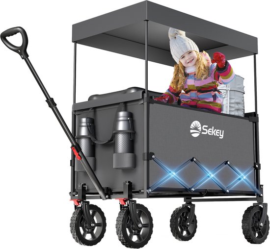 Sekey Opvouwbare Bolderwagen met Dak – 150 kg Draagvermogen – 150L – Handwagen voor Strand, Camping en Uitjes – Grijs van Merkloos