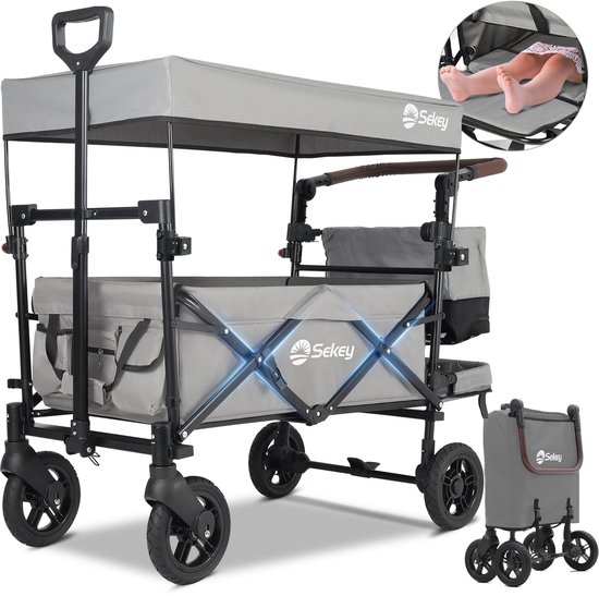 Sekey Opvouwbare Bolderwagen met Dak – 150 kg Draagvermogen – Schuifhandvat, PU-Wielen met Remmen – Inclusief 3-Punts Veiligheidsgordel – Grijs van Merkloos