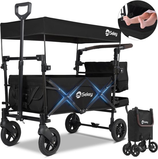 Sekey Opvouwbare Bolderwagen met Dak – 150 kg Draagvermogen – Schuifhandvat, PU-Wielen met Remmen – Inclusief 3-Punts Veiligheidsgordel – Zwart van Merkloos