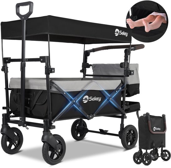 Sekey Opvouwbare Bolderwagen met Dak – 150 kg Draagvermogen – Schuifhandvat, PU-Wielen met Remmen – Inclusief 3-Punts Veiligheidsgordel – Zwart/Grijs van Merkloos