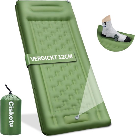 Self-inflating sleeping mat - Sleeping mat with built-in foot pump & pillow - Extra large size - Camping mattress - Sleeping mat - groente