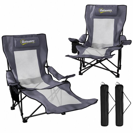 Sello! opvouwbare campingstoelen met voetensteun – verstelbaar – hoofdsteun – bekerhouder – draagtas – set van 2 – antraciet/zwart
