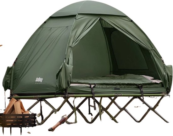 Sensova - 4-in-1 Kampeertent met Verhoogd Kampeerbed, Luchtbed, Slaapzak en Pomp - 2-Persoons Camping Tent - Waterdicht 1000mm - Inclusief Draagtas - Compact en Comfortabel Outdoor Slaapsysteem voor Reizen & Festivals van Merkloos