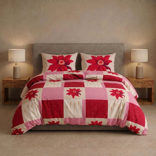 SENZATIONE 100% Katoen Percaline Dekbedovertrek 200x200/220-2x60x70 cm MARISOL ROOD
