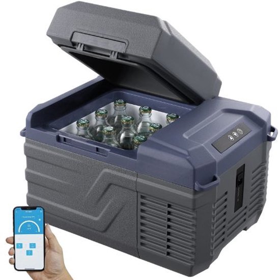 Serolux® - 9 Liter Elektrische Koelbox - App-bediening - 12V, 220/230 Volt Aansluiting - voor Auto en Camping – AC/DC - Coolbox - Divider en Deksel vergrendelstand - LED-verlichting - min 20 graden - Grijs