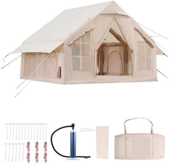 Serolux® - Tent - Luxe Tent - Familietent - Opblaasbare Kampeertent – 4-Persoons Familietent – Glamping Tent – Met Luchtpomp – Luxe Outdoor Tent – Waterdicht – Snel Opblaasbaar – Incl. Draagtas & Accessoires – Beige – 3 x 3 x 2.3 M – Sterk & Duurzaam van Serolux