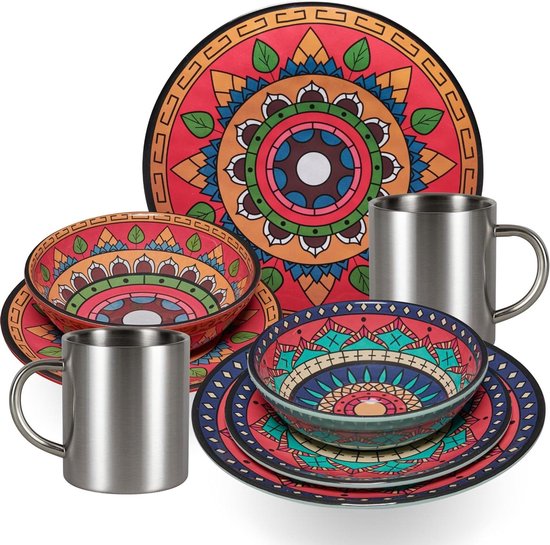 Servies set - Kampeer servies - Outdoor dineren - Dubbelwandige mokken - 8 delen - Rood groen