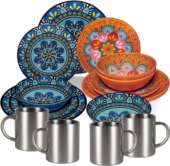 Servies set - Kampeer servies - Outdoor eten - Melamine RVS mokken - 16 delig - Oranje blauw