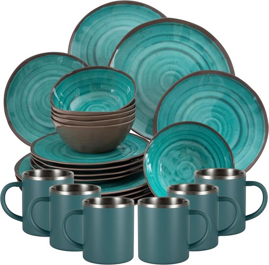 Serviesset Melamine - Kampeer Servies - Outdoor Picknick - Dubbelwandige Mokken - 6 Personen - Turquoise