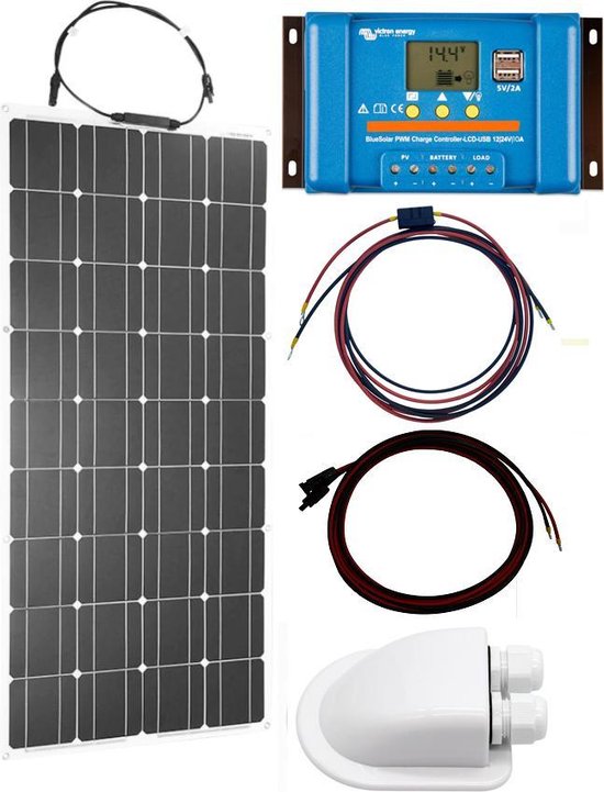 Set Flexibel Zonnepaneel 100Wp 12V Caravan, Camper, Boot, Tent of Tuinhuisje - Victron Energy BlueSolar PWM 10A LCD&USB laadregelaar - Zonnepaneel Compleet Pakket - Dakdoorvoer - Plug-Play set schematische tekening en handleiding-Monokristallijn van Victron Energy