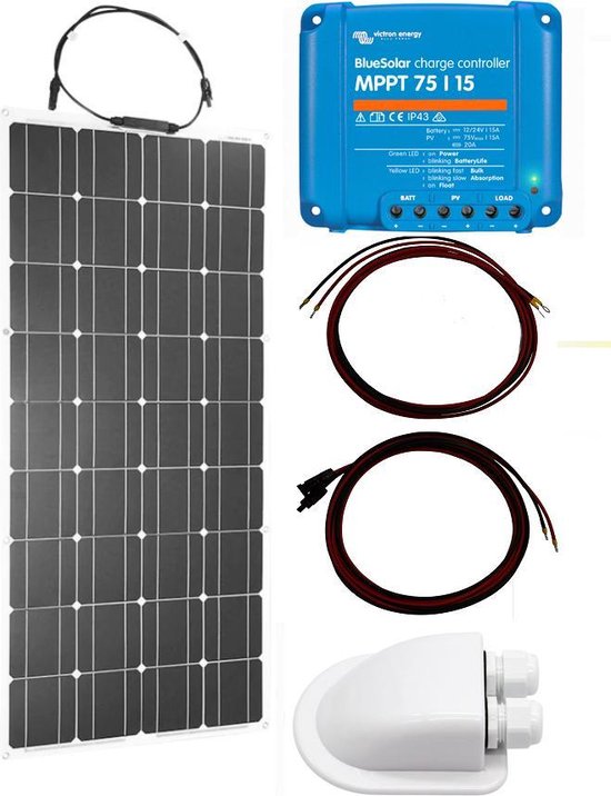 Set Flexibel Zonnepaneel 100Wp Caravan, Camper, Boot, Tent of Tuinhuisje - MPPT Victron Energy laadregelaar 75/15 - Zonnepaneel Compleet Pakket - Kabel met connectoren - Dakdoorvoer - Plug-Play set schematische tekening en handleiding-Monokristallijn van Victron Energy