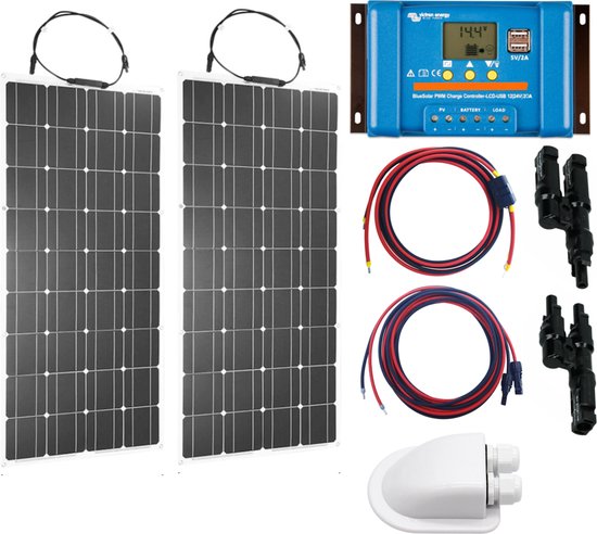 Set Flexibel Zonnepaneel 200Wp 12V Caravan, Camper, Boot, Tent of Tuinhuisje - Victron Energy BlueSolar PWM 20A LCD&USB laadregelaar - Zonnepaneel Compleet Pakket - Plug-Play set schematische tekening en handleiding-Monokristallijn van Victron Energy